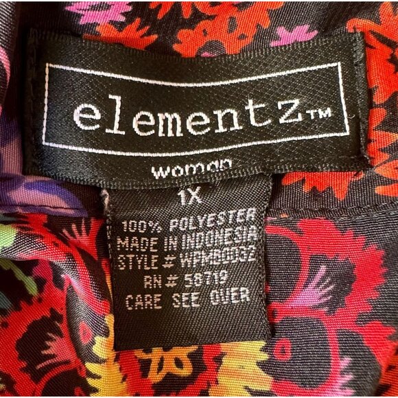 VTG Elementz Blouse Woman 1X Black Floral Shirt Button Short Sleeves Psy… - Picture 12 of 12